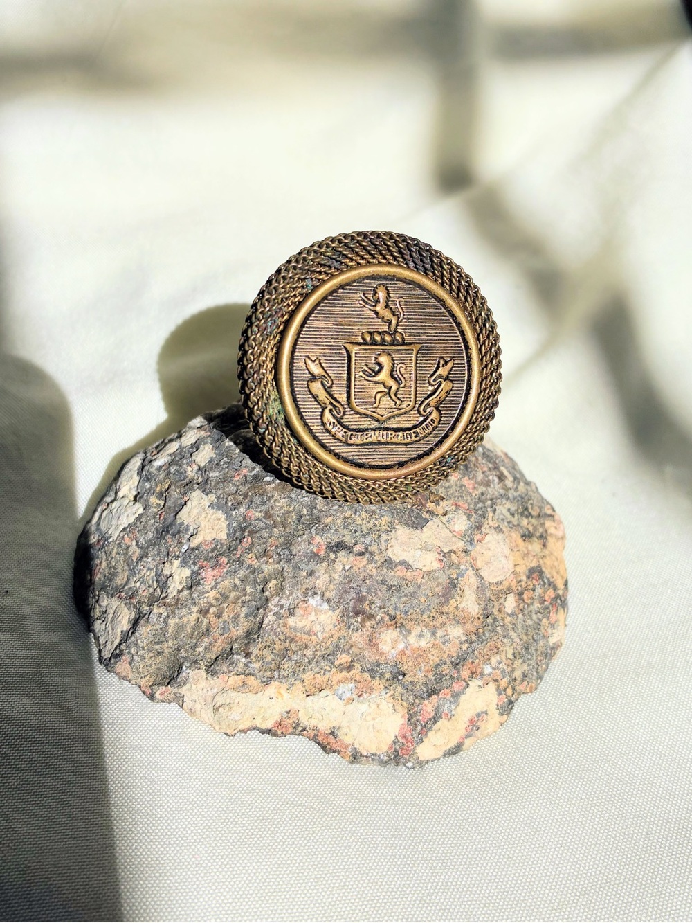 Vintage brass ring with rope design and crest #ring #statementjewelry
